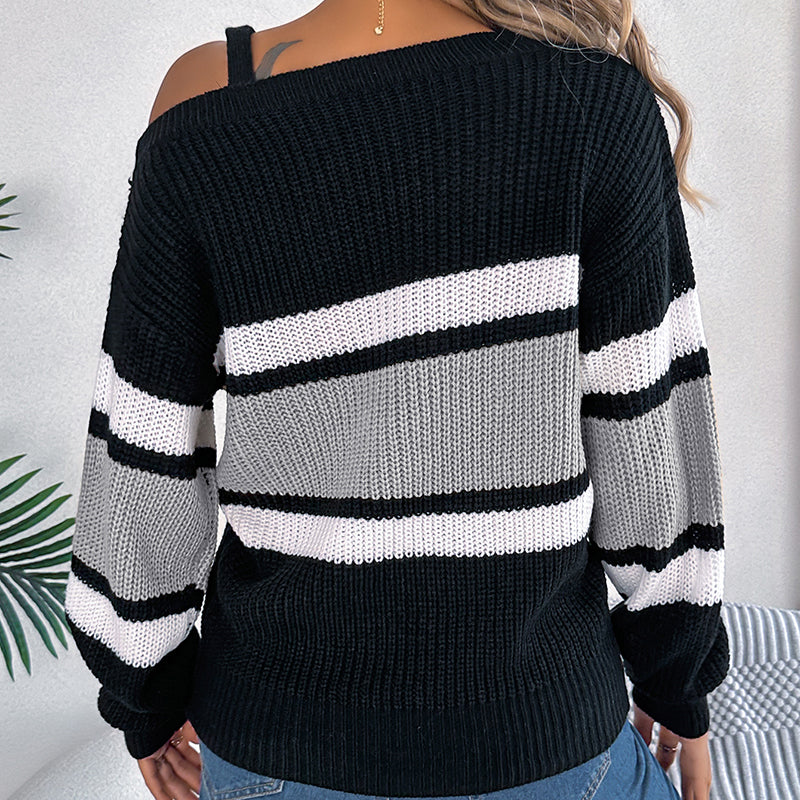 Women's Cold Shoulder Sweater - Fall Color Block Long Sleeve Pullover