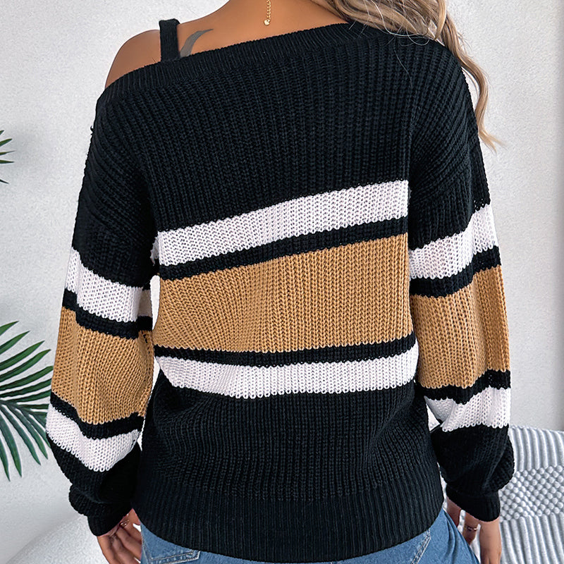 Women's Cold Shoulder Sweater - Fall Color Block Long Sleeve Pullover